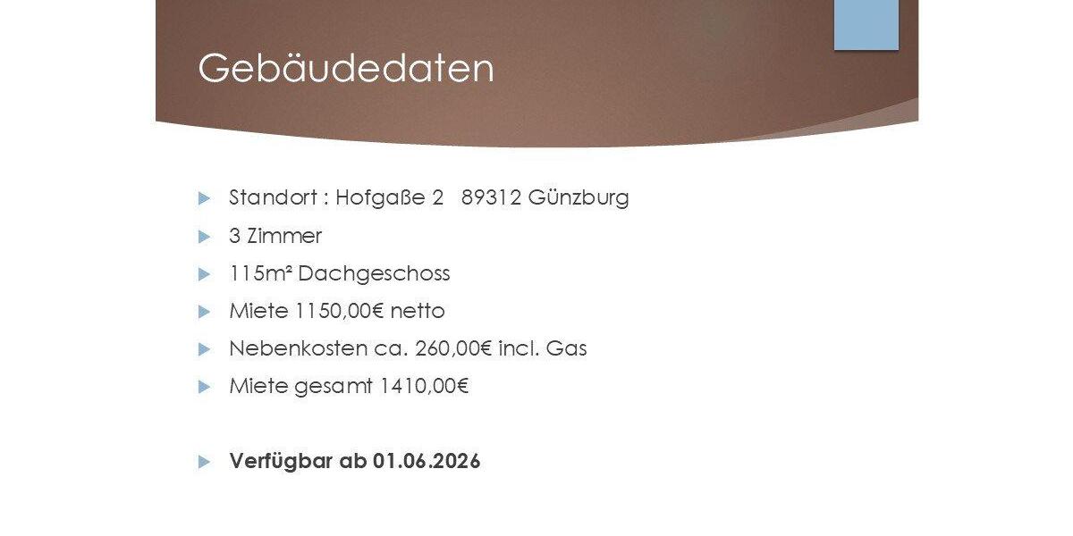 Dachgeschoßwohnung Günzburg - 3 Zimmer, 115 m&sup2;, 1.150&euro; | Angebot:26546295