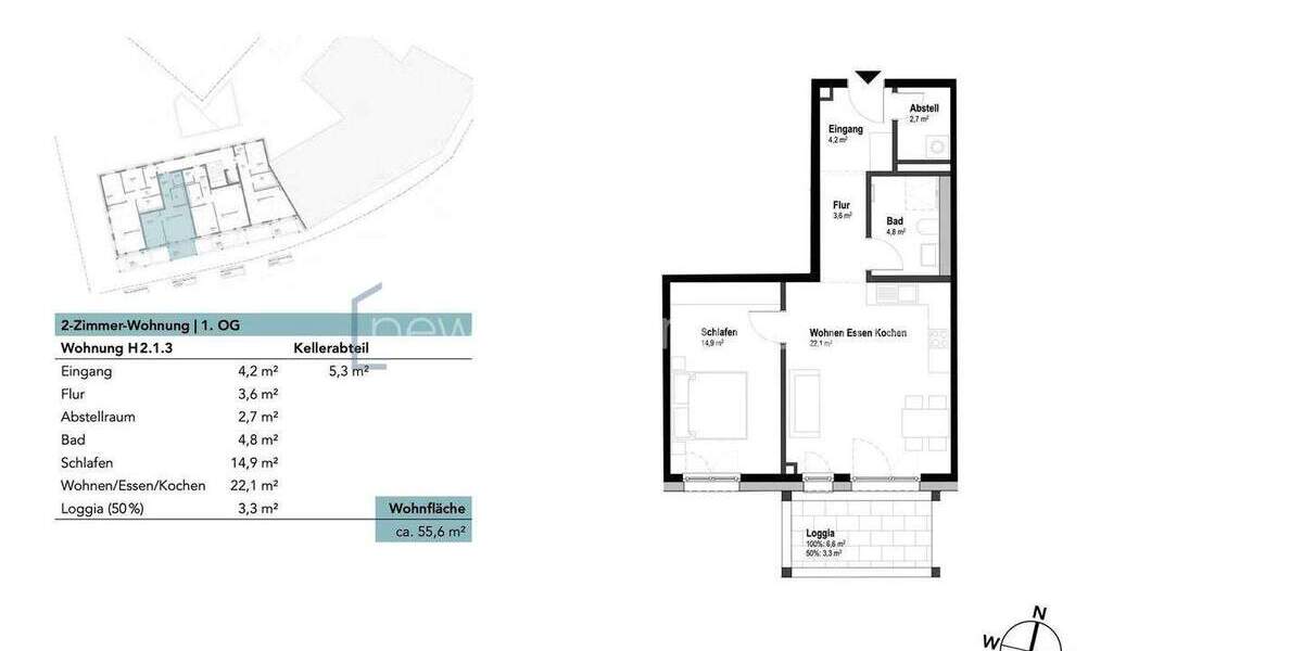 Etagenwohnung Neu-Ulm Ludwigsfeld - 2 Zimmer, 55 m&sup2;, 333.600&euro; | Angebot:25209926