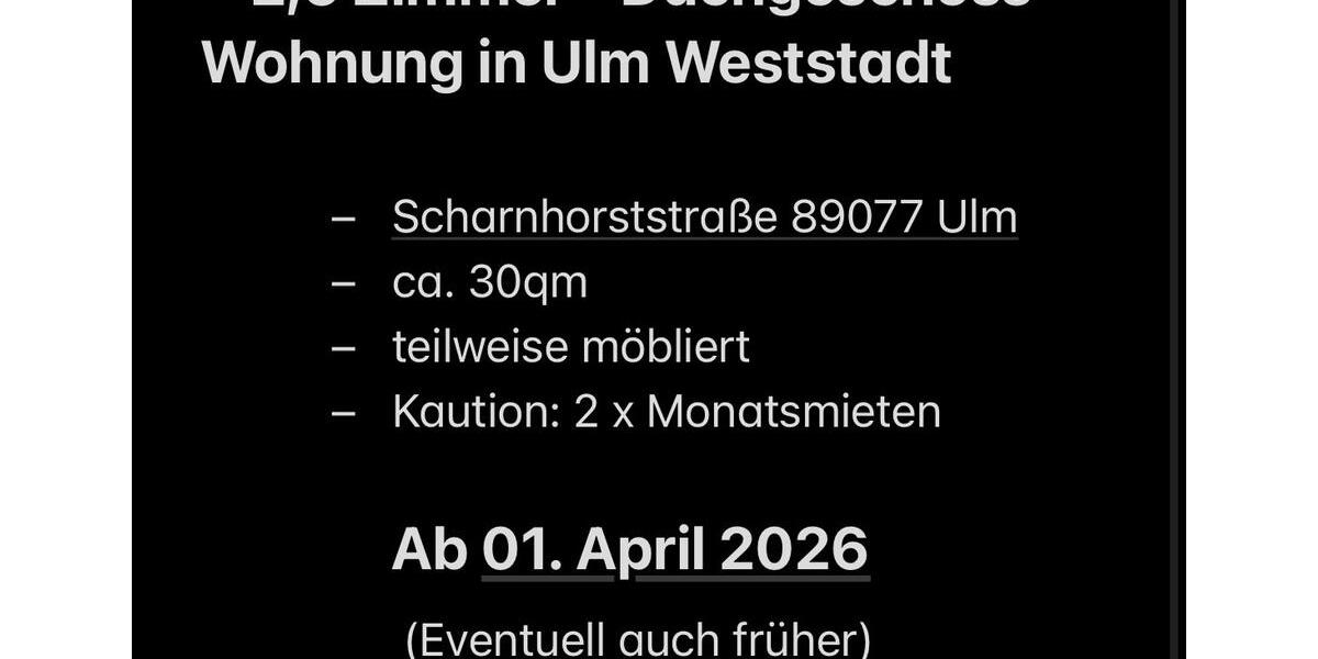 Dachgeschoßwohnung Ulm Söflingen - 2.5 Zimmer, 30 m&sup2;, 1.200&euro; | Angebot:25208342