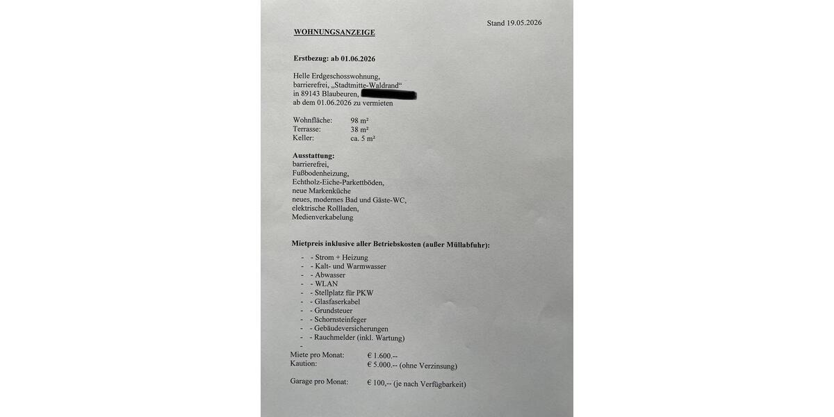 Erdgeschoßwohnung Ulm Donautal - 3 Zimmer, 98 m&sup2;, 1.600&euro; | Angebot:26654971